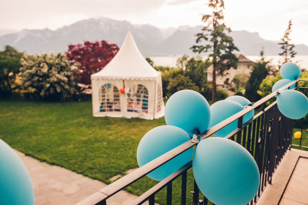 White,Party,Tent,On,Backyard,,Rainy,Day,,Birthday,Party,For